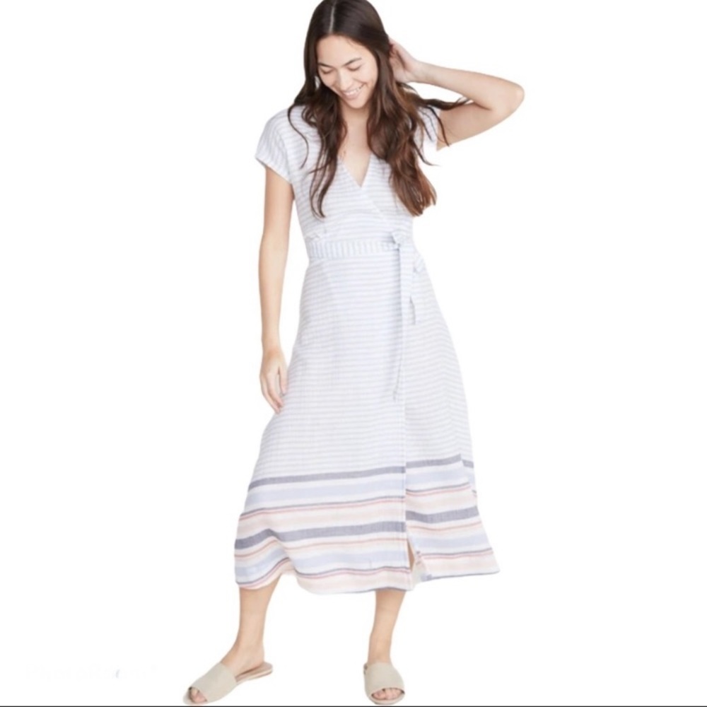 Marine Layer Striped Midi Wrap Dress in White, Blue, Pink